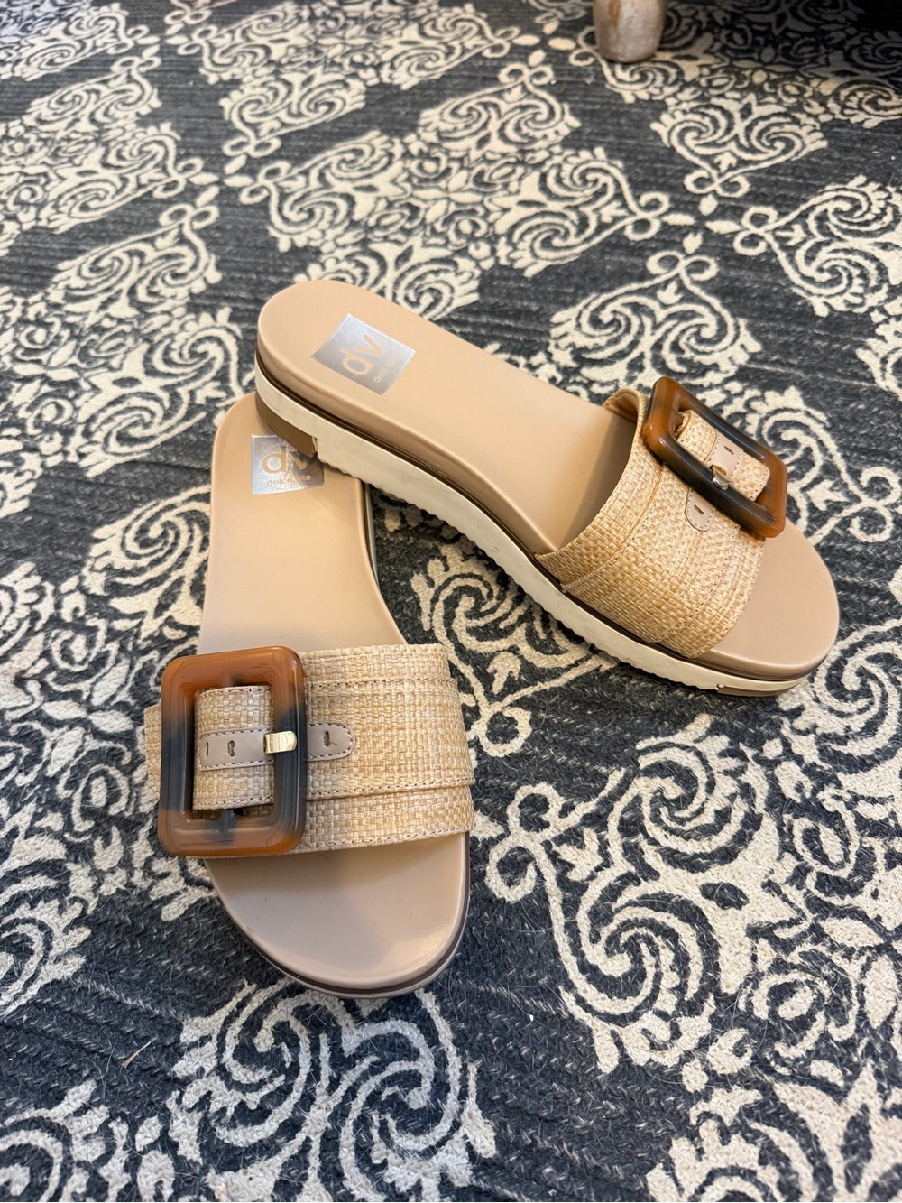 Women's Neutral Beige Raffia Slide Sandals with Tortoiseshell Buckle
